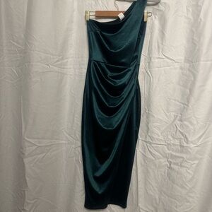 Windsor Green Asymmetrical Ruched Midi Dress